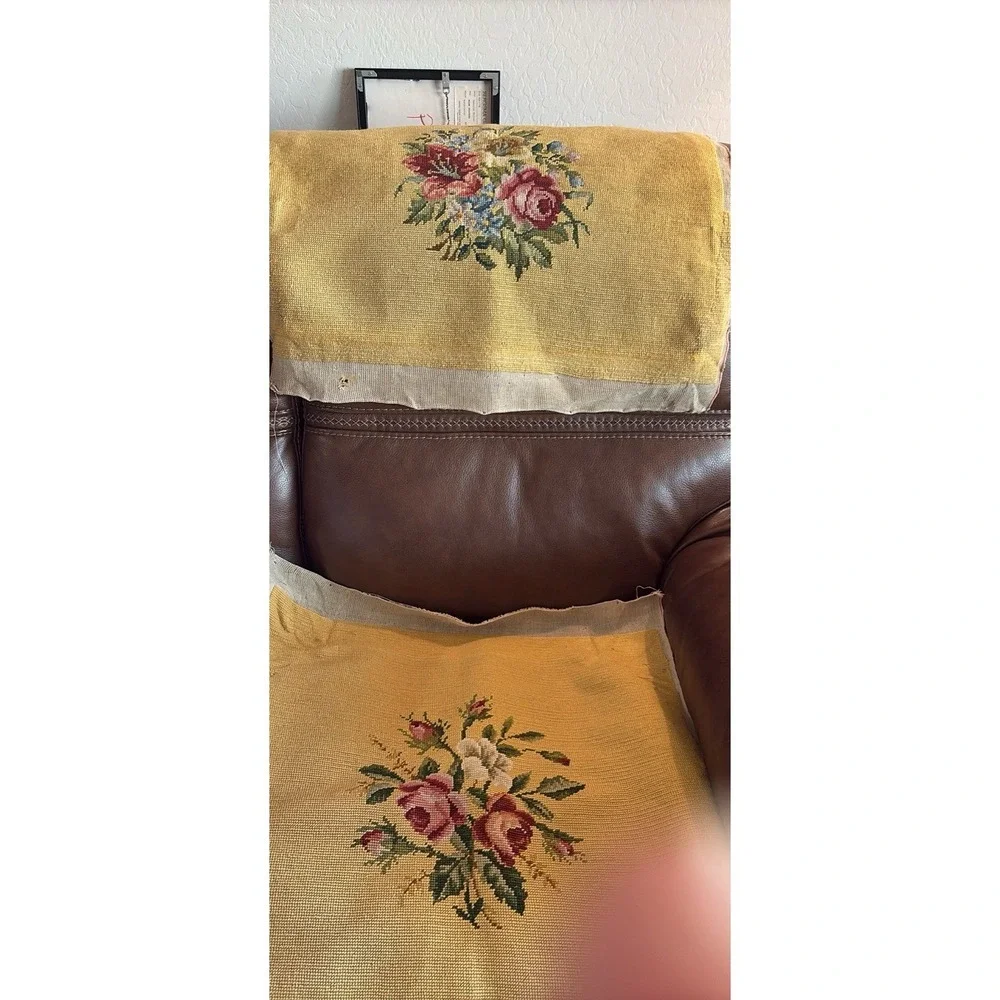 2 Vintage Hand Made Floral Rose Needlepoint Chair Seat Stool Covers